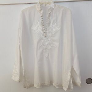 Moroccan Men Tunic Shirt Cafan Casual Handmade Embroidered Cotton Large White